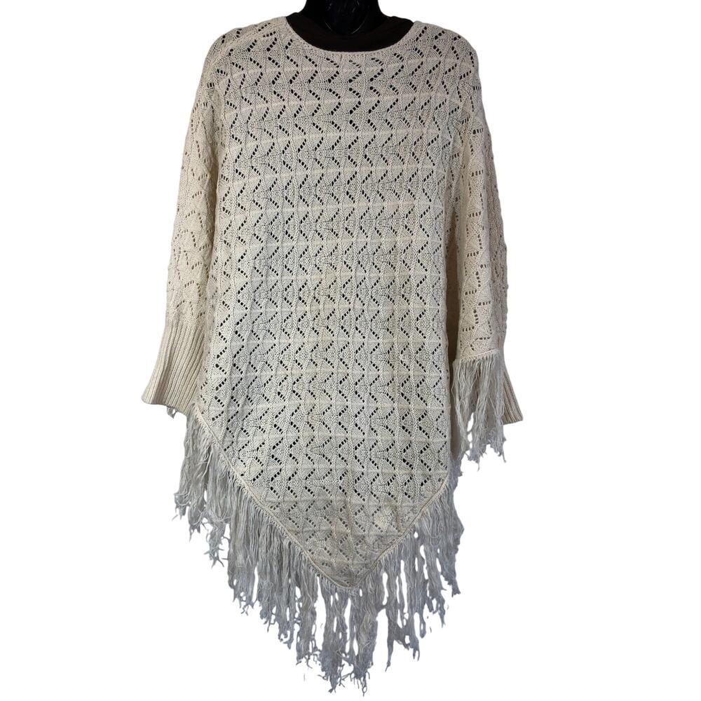 White Knit Poncho Earthbound Boho Hippie Western Knit Sweater Fringe Sleeves S - Picture 9 of 10